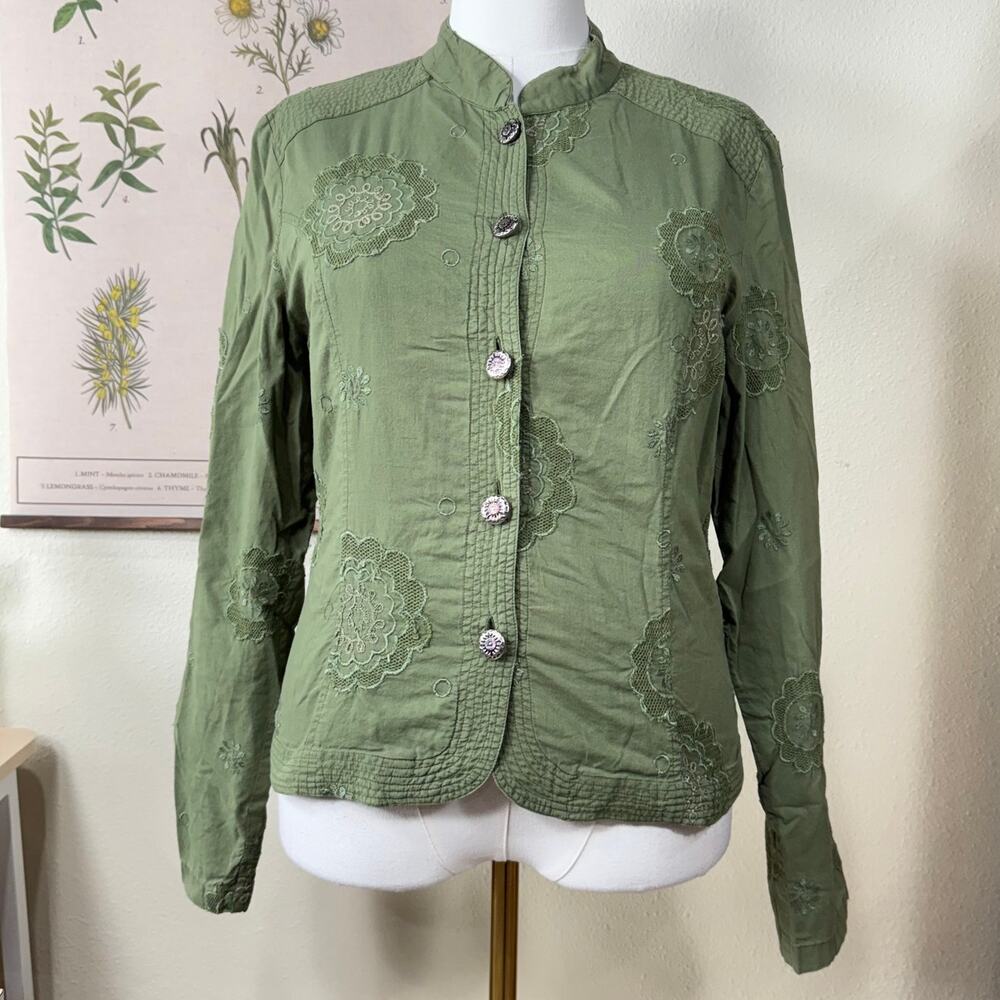 Y2k Green Floral Embroidered Military Jacket Fairy Grunge Forest Boho Whimsy M